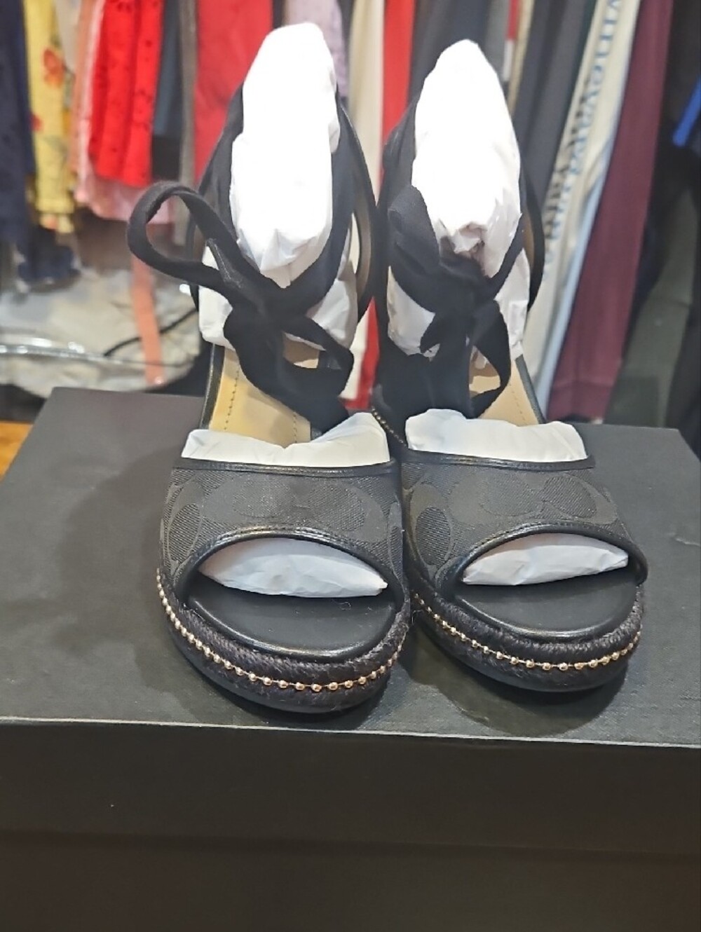 COACH Black Espadrille Wedge Sandals with Ankle Tie - Picture 3 of 7